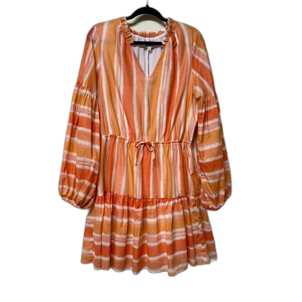 WILLA STORY Alanna Dress Orange/White Tiered V-Neck Full Sleeve, Sz L